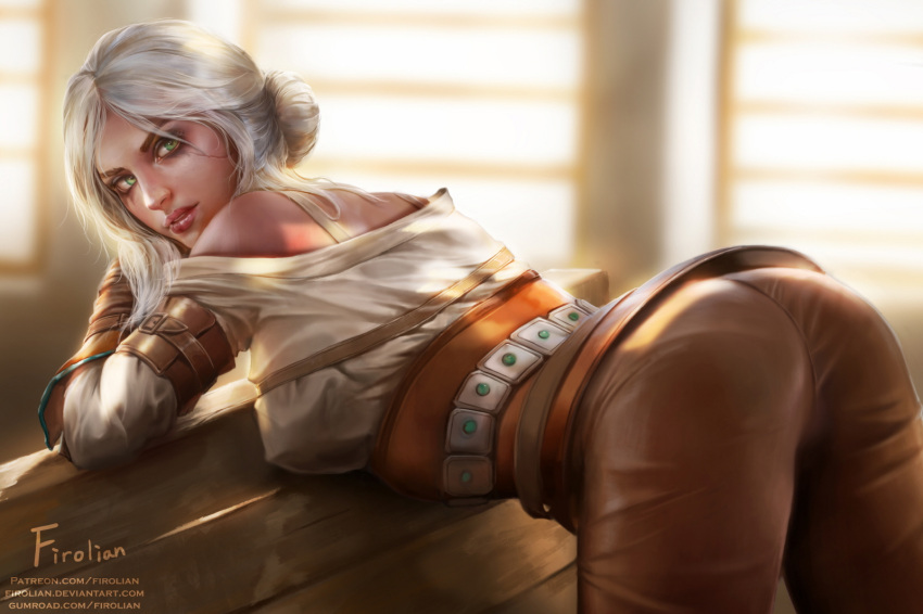 1girl ass bare_shoulders belt bent_over bra brown_pants ciri firolian green_eyes hair_bun highres lips looking_at_viewer looking_back pants pantylines parted_lips short_hair silver_hair solo the_witcher the_witcher_3 underwear