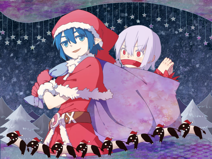 2girls blue_eyes blue_hair bound doremy_sweet dress fang hat highres kidnapping kishin_sagume ko_kita multiple_girls pointy_ears red_eyes sack santa_costume santa_hat short_hair silver_hair star tail tapir tapir_tail tied_up touhou