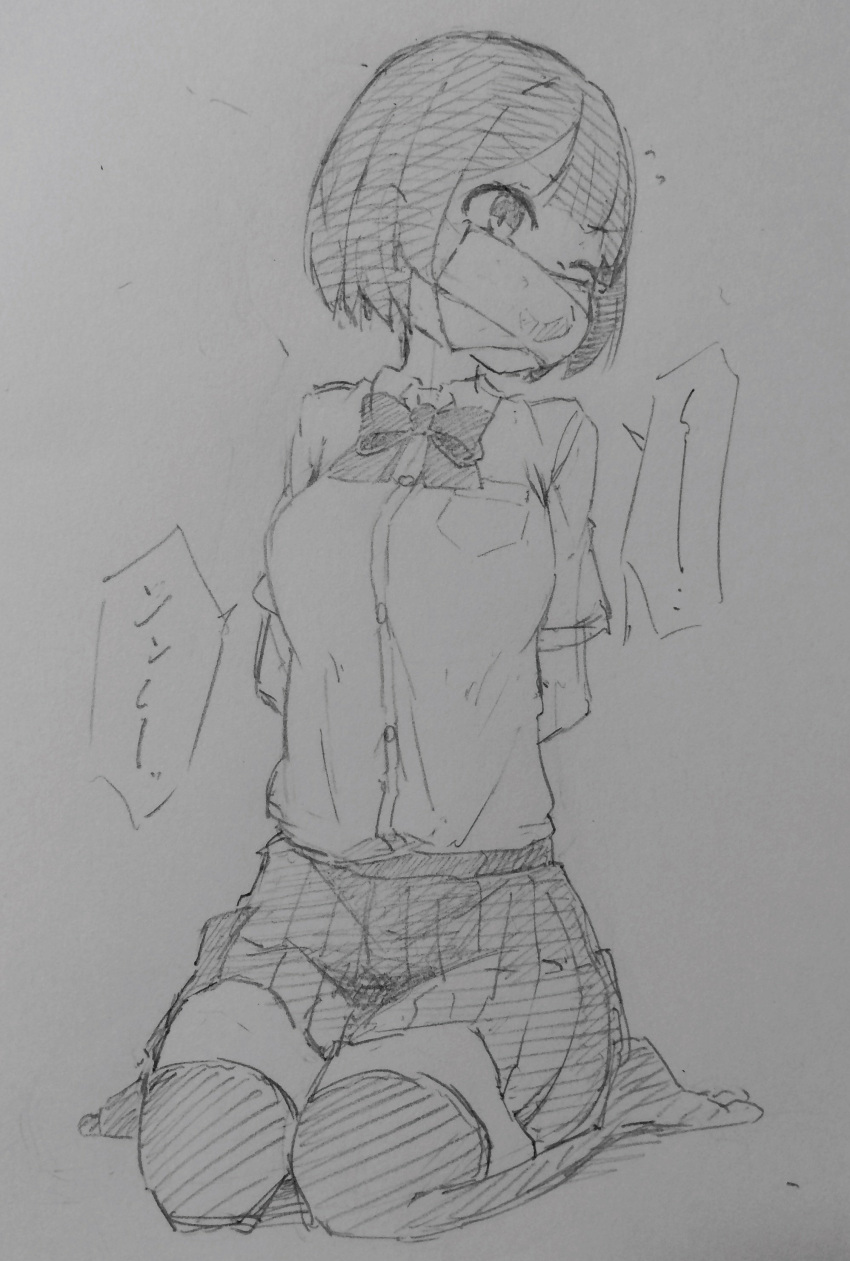 1girl absurdres arms_behind_back bow gag gagged greyscale highres hoojiro_(found1093) improvised_gag kneeling monochrome one_eye_closed original short_hair sketch solo speech_bubble tape tape_gag thigh-highs translated