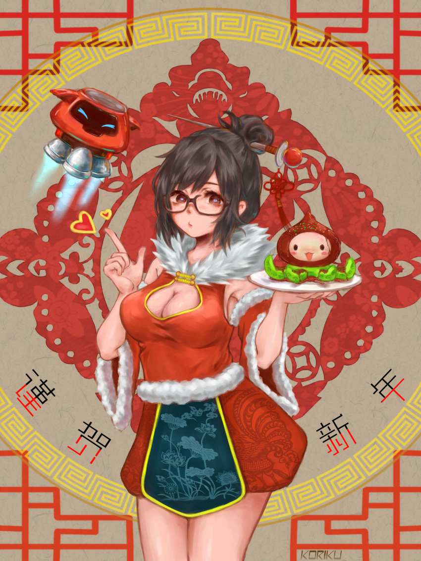 1girl absurdres alternate_costume artist_name bangs beads breasts brown-framed_eyewear brown_eyes brown_hair china_dress chinese_clothes cleavage cleavage_cutout cowboy_shot dress drone floating food fur_trim glasses hair_bun hair_ornament hair_stick hand_up heart highres holding holding_plate index_finger_raised koriku legs_together machinery medium_breasts mei_(overwatch) octopus overwatch pachimari plate red_dress robot short_dress short_hair sidelocks snowball_(overwatch) solo spoken_heart tassel