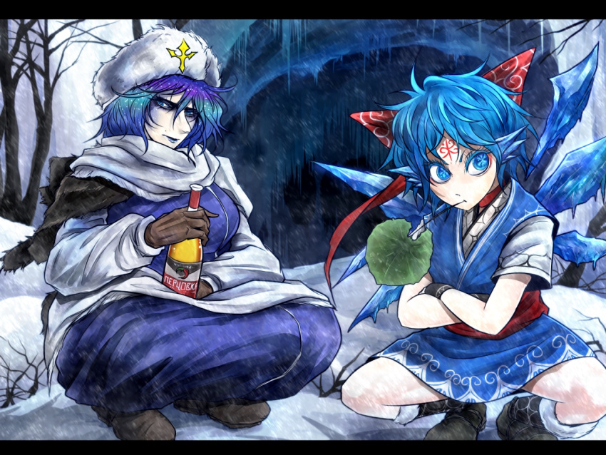 2girls alcohol blue_eyes blue_hair boots bottle bow cave cirno commentary_request dress forehead_tattoo gloves hair_bow hat ice ice_wings letty_whiterock lily_pad multicolored_hair multiple_girls purple_hair russian ryuuichi_(f_dragon) scarf short_hair short_sleeves skirt snow snowflakes sparkle squatting symbol-shaped_pupils tattoo touhou tree vodka wings winter