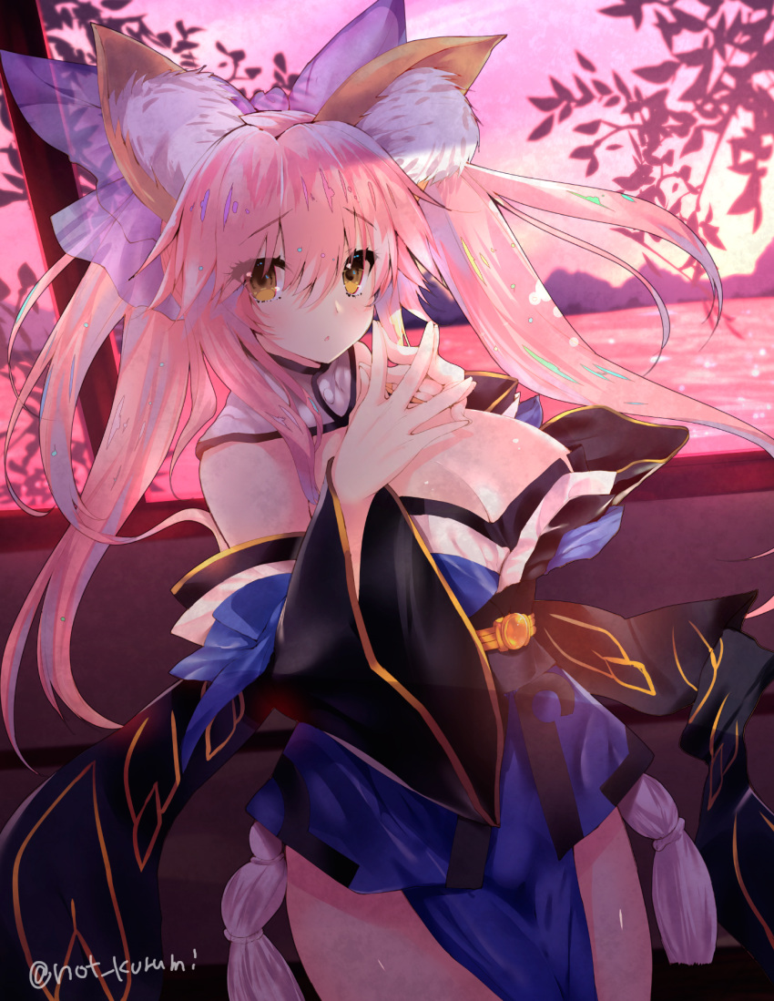 1girl animal_ears bare_shoulders bow breasts cleavage cowboy_shot detached_collar detached_sleeves fate/extra fate/grand_order fate_(series) fox_ears fox_tail hair_bow hair_ribbon highres indoors japanese_clothes large_breasts noto_kurumi pink_hair ribbon shiny shiny_skin tail tamamo_(fate)_(all) tamamo_no_mae_(fate) tatami thighs twintails yellow_eyes