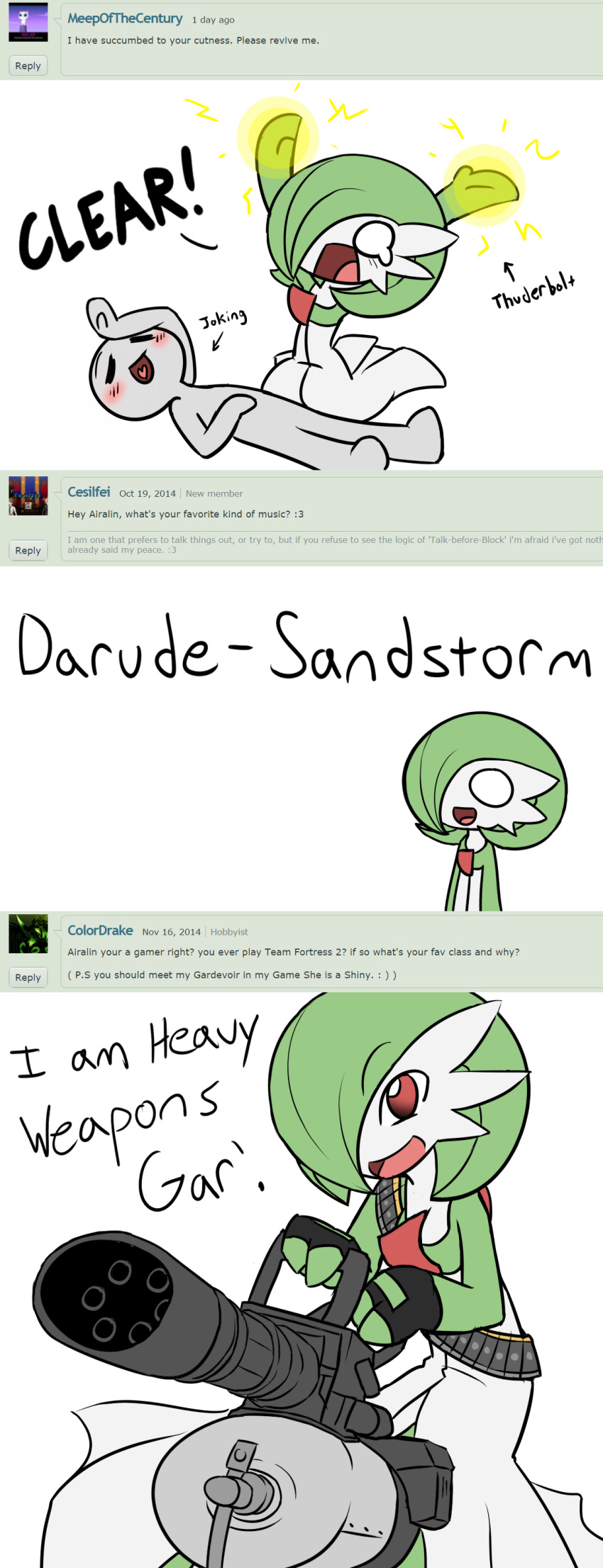 absurdres airalin_(mark_folks) blush choker comic english gardevoir gun highres long_image mark_folks o_o open_mouth pokemon pokemon_(creature) simple_background tall_image team_fortress_2 the_heavy weapon white_background