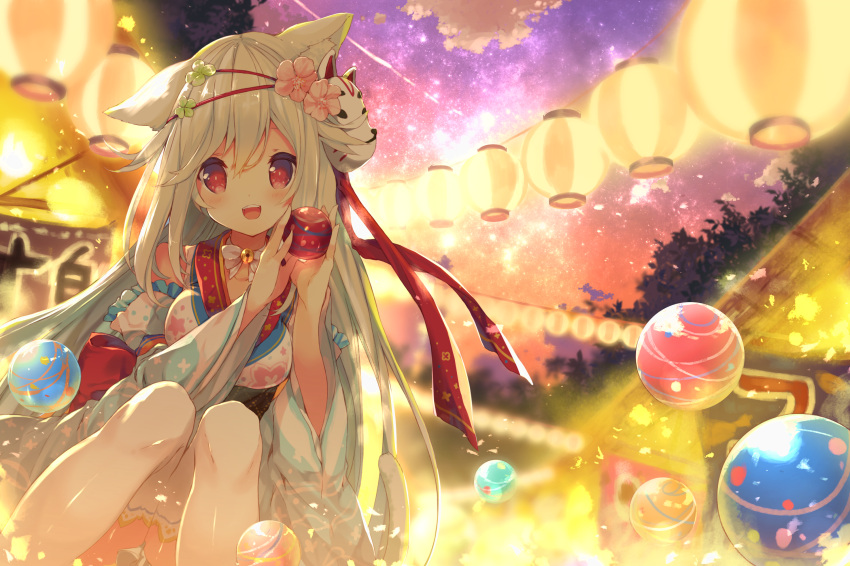 1girl :d animal_ears bangs bell bell_collar blurry blush breasts cat_ears clover collar depth_of_field detached_sleeves dutch_angle festival four-leaf_clover four-leaf_clover_hair_ornament fox_mask frills hair_between_eyes hands_up highres holding japanese_clothes jingle_bell kimono knees_up lantern long_hair looking_at_viewer mask mask_on_head medium_breasts night night_sky open_mouth original outdoors p19 paper_lantern pink_flower red_eyes silver_hair sitting sky sleeveless sleeveless_kimono smile solo teeth thigh-highs water_yoyo white_legwear