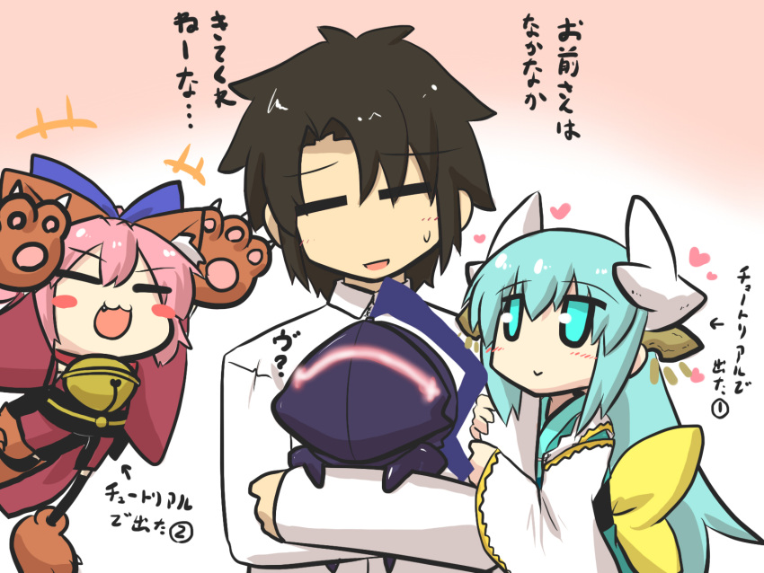 1boy 2girls :3 aqua_eyes aqua_hair arm_grab armor arms_up bell bell_collar berserker_(fate/zero) black_hair blush_stickers bow brown_hair cat_paws chibi closed_eyes collar comic commentary_request fang fate/grand_order fate_(series) fujimaru_ritsuka_(male) gloves glowing goma_(gomasamune) gradient gradient_background hair_bow hair_ribbon heart helmet highres horns japanese_clothes kimono kiyohime_(fate/grand_order) long_hair long_sleeves multiple_girls open_mouth oversized_object paw_gloves paws pink_hair red_kimono ribbon shirt sidelocks smile sweat tamamo_(fate)_(all) tamamo_cat_(fate) translation_request white_kimono white_shirt wide_sleeves