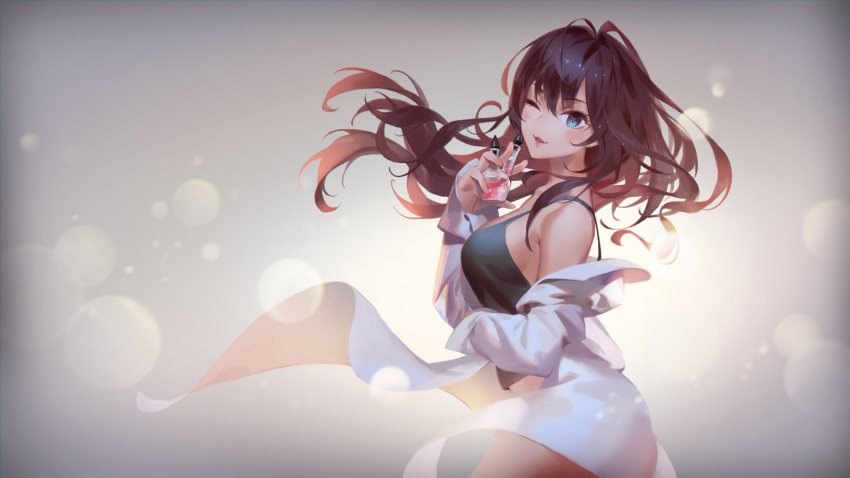 1girl ;3 ;d antenna_hair backlighting bangs bare_shoulders between_fingers blue_eyes bottle breasts brown_hair camisole cowboy_shot eyebrows_visible_through_hair floating_hair from_side gradient gradient_background grey_background hair_between_eyes hand_up highres holding holding_bottle ichinose_shiki idolmaster idolmaster_cinderella_girls labcoat lamier light_particles long_hair long_sleeves looking_at_viewer looking_to_the_side medium_breasts off_shoulder one_eye_closed open_labcoat open_mouth perfume_bottle shiny shiny_hair sideboob sleeveless smile solo strap_gap tank_top wavy_hair wind