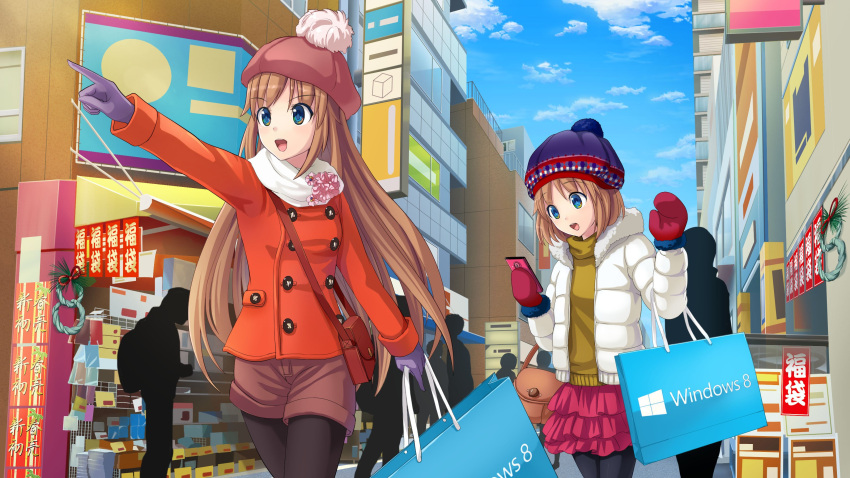 2girls absurdres bag beanie blue_eyes brown_hair hat highres long_hair madobe_ai madobe_yuu multiple_girls open_mouth os-tan pantyhose shopping_bag short_hair short_twintails side_ponytail twintails windows windows_8