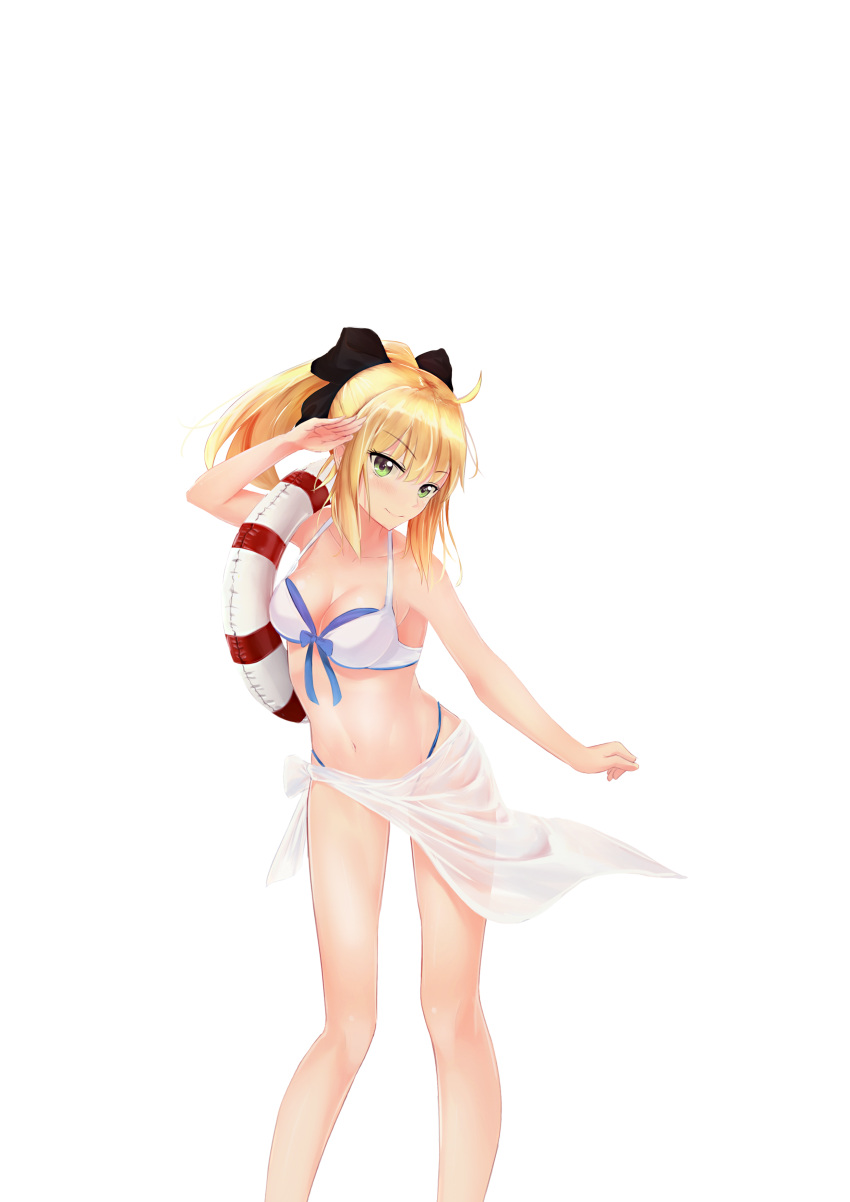 1girl absurdres ahoge bikini black_ribbon blonde_hair blue_sky blush breasts cleavage fate/stay_night fate_(series) front-tie_bikini front-tie_top green_eyes hair_ribbon highres navel ponytail ribbon saber saber_lily salute sarong sky smile solo swimsuit