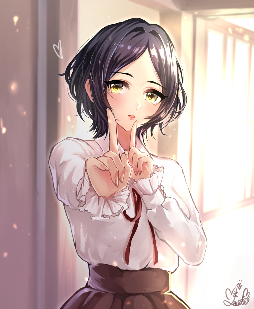 1girl absurdres black_hair blurry brown_skirt depth_of_field eyebrows_visible_through_hair fingernails hair_intakes hayami_kanade heart highres idolmaster idolmaster_cinderella_girls ilo index_finger_raised indoors koi_dance light_particles lipstick long_sleeves looking_at_viewer makeup open_door outstretched_arm parted_lips red_ribbon ribbon shirt short_hair signature skirt smile solo upper_body wall white_shirt yellow_eyes