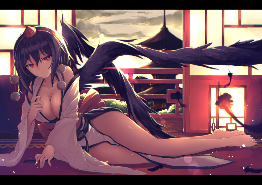 1girl absurdres architecture barefoot black_hair black_wings breasts cleavage detached_sleeves east_asian_architecture feathers full_body hat highres iwashi_(nisankatanso) kourindou_tengu_costume large_breasts looking_at_viewer pelvic_curtain pom_pom_(clothes) red_eyes shameimaru_aya smile solo sunset tokin_hat touhou wide_sleeves wings