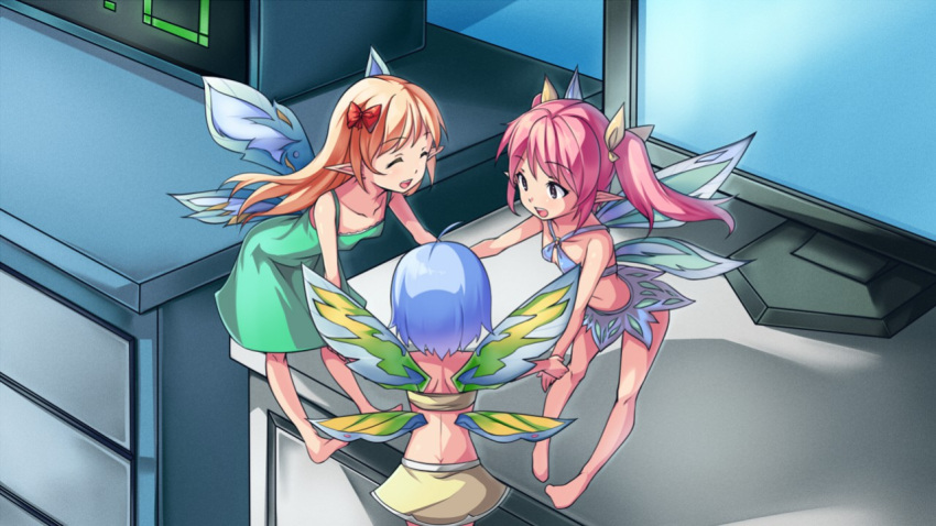 3girls artist_request bandeau barefoot bikini_top blonde_hair blue_eyes blue_hair bow character_request closed_eyes dress fairy fairy_wings game_cg hand_holding leaning_forward long_hair midriff miniskirt multiple_girls official_art open_mouth pink_hair pointy_ears rabi-ribi ribbon ribbon_(rabi-ribi) short_hair skirt smile twintails wings