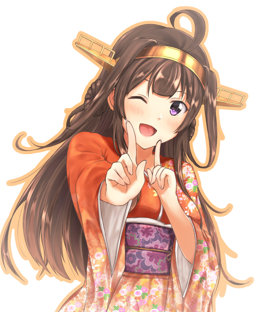 1girl ;d ahoge bangs blush brown_hair commentary_request floral_print furisode hair_intakes hairband highres japanese_clothes kantai_collection kimono koi_dance kongou_(kantai_collection) long_hair obi one_eye_closed open_mouth outline purple_hair red_kimono sash sidelocks smile solo taka-chan wide_sleeves