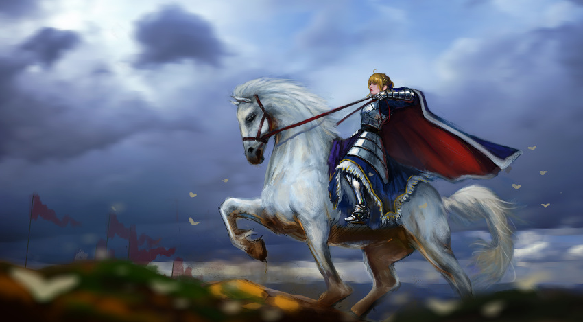 1girl absurdres armor banner blonde_hair bridle cape clouds fate/stay_night fate_(series) fur-trimmed_cape fur_trim highres horse horseback_riding riding saber solo stirrups white_horse