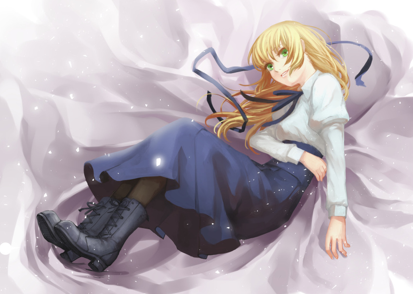 blonde_hair boots casual fate/stay_night fate_(series) green_eyes highres long_skirt looking_at_viewer lying on_side pantyhose peace_fighting saber skirt