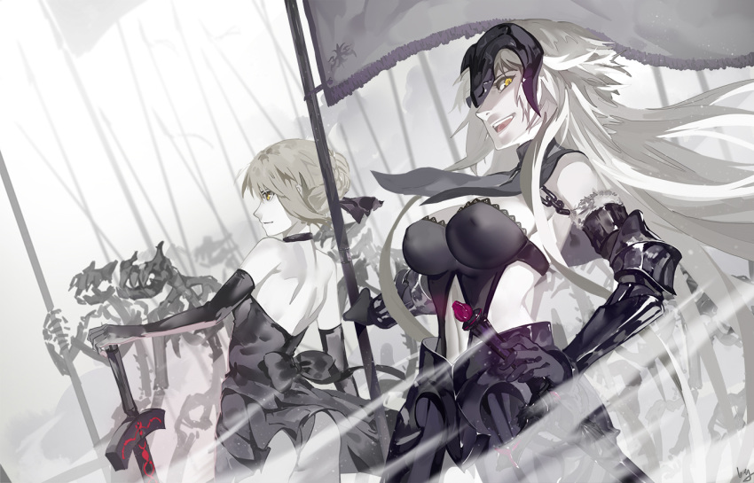 2girls :d army ass back black_dress black_gloves black_panties breasts chains dark_excalibur dark_persona dress elbow_gloves erect_nipples fate/grand_order fate/stay_night fate_(series) flag gauntlets gloves hand_on_hip helmet jeanne_alter long_hair looking_at_viewer multiple_girls nanaya_(daaijianglin) open_mouth pale_skin panties ruler_(fate/apocrypha) saber saber_alter sheath sheathed skeleton sleeveless sleeveless_dress smile sword underwear upskirt weapon white_hair wind wind_lift yellow_eyes
