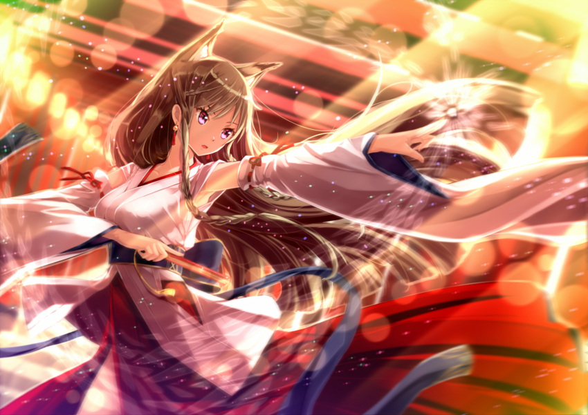 1girl animal_ears armpit_peek armpits bangs beads braid breasts closed_mouth commentary_request dancing detached_sleeves earrings eyelashes fan floating_hair folding_fan fox_ears fox_girl hakama highres holding holding_fan japanese_clothes jewelry kazeno lens_flare long_hair looking_away medium_breasts miko motion_blur multiple_torii original outstretched_arm red_hakama red_ribbon ribbon ribbon-trimmed_sleeves ribbon_trim sash shiny shiny_hair side_braid side_slit solo tassel twin_braids very_long_hair visible_air wide_sleeves