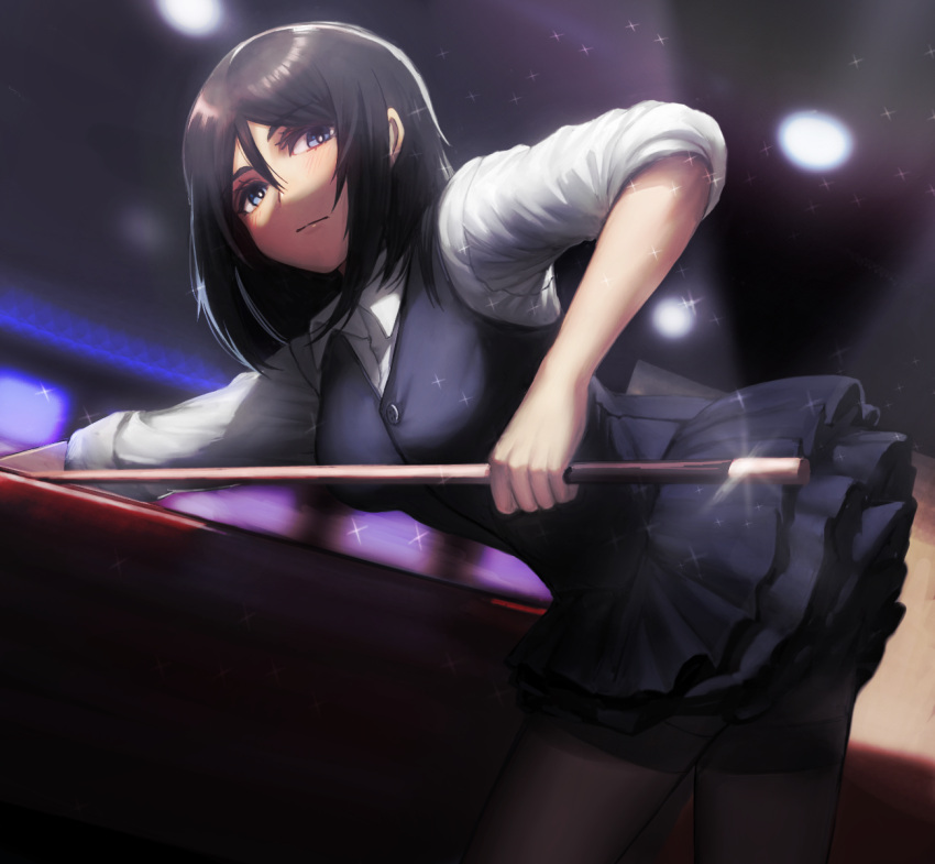 1girl bangs black_hair black_legwear black_skirt black_vest blue_eyes blurry closed_mouth cowboy_shot cue_stick depth_of_field dress_shirt dutch_angle formal girls_und_panzer highres holding layered_skirt long_hair long_sleeves looking_at_viewer looking_back nonna pantyhose pool_table serious shirt skirt sleeves_rolled_up solo standing swept_bangs usukuti vest white_shirt