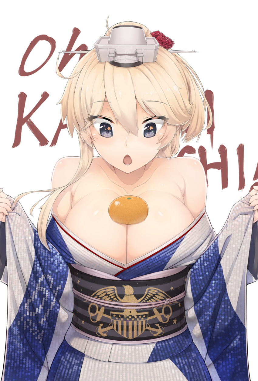 1girl ahoge bare_shoulders black_eyes blonde_hair breasts cleavage collarbone flower food fruit grey_eyes hair_flower hair_ornament headgear highres iowa_(kantai_collection) japanese_clothes kantai_collection kimono large_breasts light_brown_hair long_hair looking_at_viewer mandarin_orange obi off_shoulder open_clothes open_kimono open_mouth oppai_mochi ponytail sash simple_background solo star star-shaped_pupils symbol-shaped_pupils urigarasu white_background