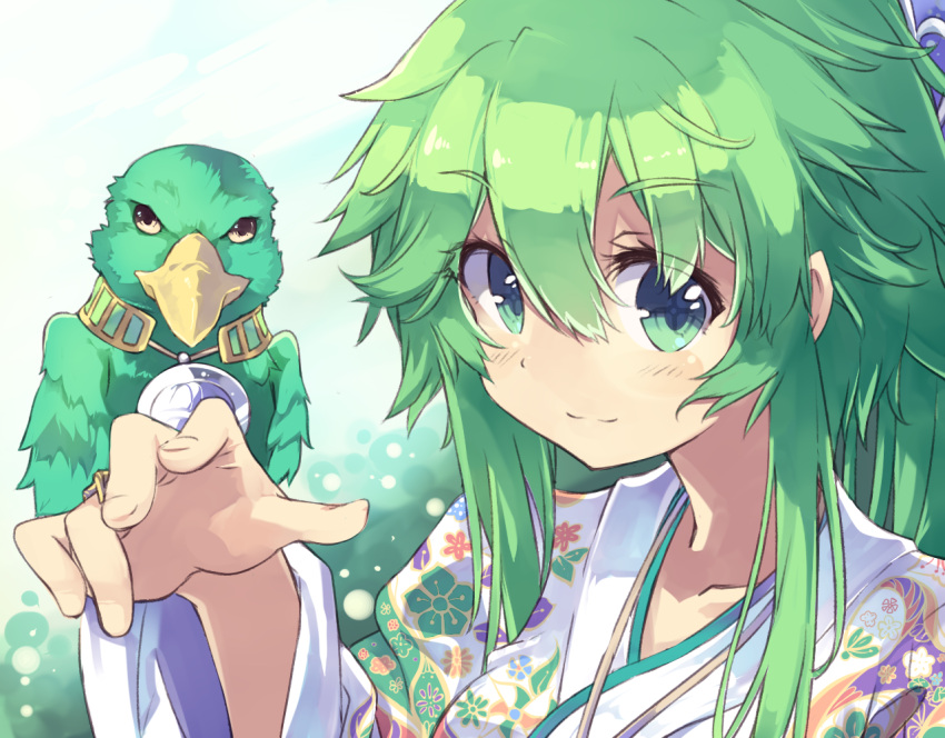 1girl bangs bird blush closed_mouth collarbone commentary_request duel_monster eyebrows_visible_through_hair floral_print green_eyes green_hair gusto_gulldo hair_between_eyes hand_up japanese_clothes kimono long_hair long_sleeves looking_at_viewer nomalandnomal portrait print_kimono sidelocks smile traditional_clothes winda_priestess_of_gusto yellow_eyes yu-gi-oh!