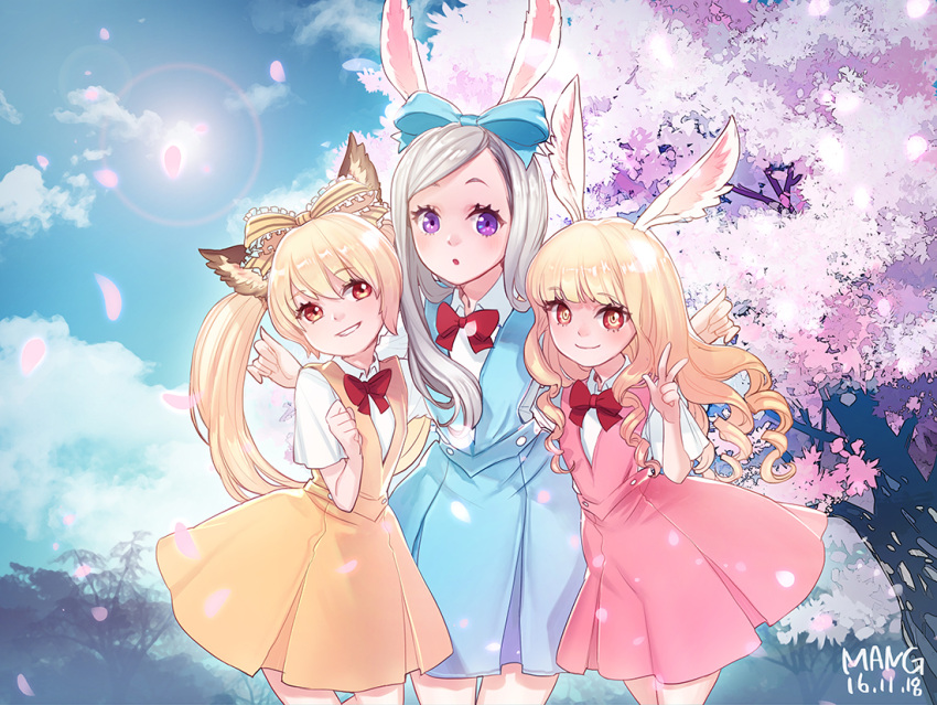 3girls animal_ears blonde_hair bow brown_eyes cherry_blossoms clouds curly_hair dog_ears dress elin_(tera) grin long_hair multiple_girls no_tail outdoors rabbit_ears ribbon silver_hair sky smile sun tera_online tree twintails v violet_eyes