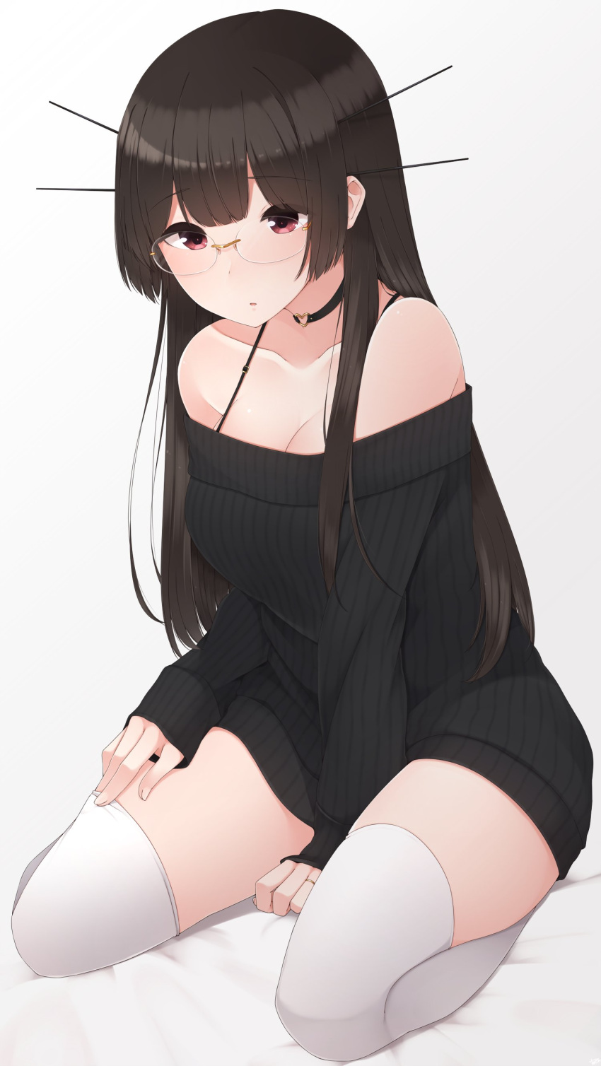 1girl absurdres breasts brown_hair choker choukai_(kantai_collection) cleavage commentary_request glasses grey_background highres jewelry kantai_collection long_hair off_shoulder parted_lips red_eyes ribbed_sweater ring sitting solo sweater thigh-highs white_legwear yukichi_(sukiyaki39)