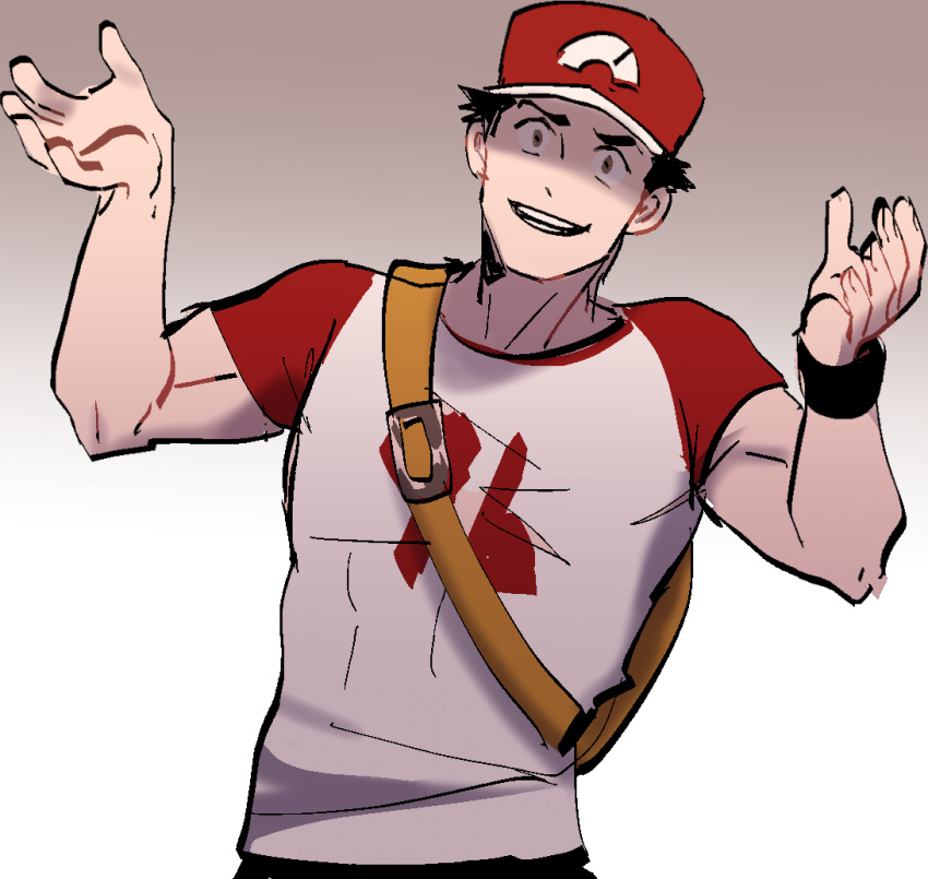 1boy arms_up backpack bag baseball_cap commentary constricted_pupils denim glasses_enthusiast hat jeans male_focus pants pokemon pokemon_(game) pokemon_sm raglan_sleeves red_(pokemon) red_(pokemon)_(sm) shaded_face shirt smile t-shirt wristband