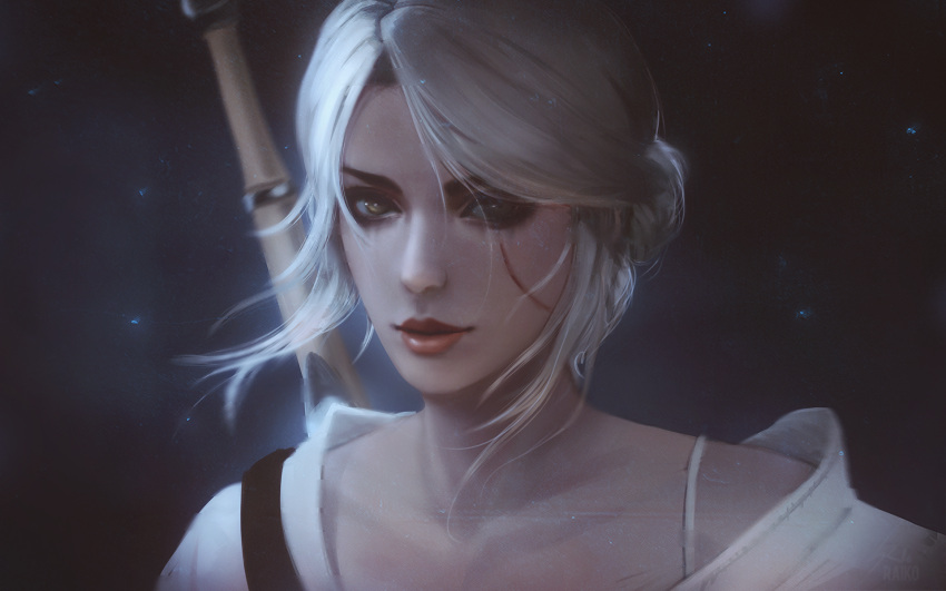 1girl ciri face green_eyes highres lips looking_at_viewer raikoart scar short_hair silver_hair solo sword the_witcher the_witcher_3 weapon wind