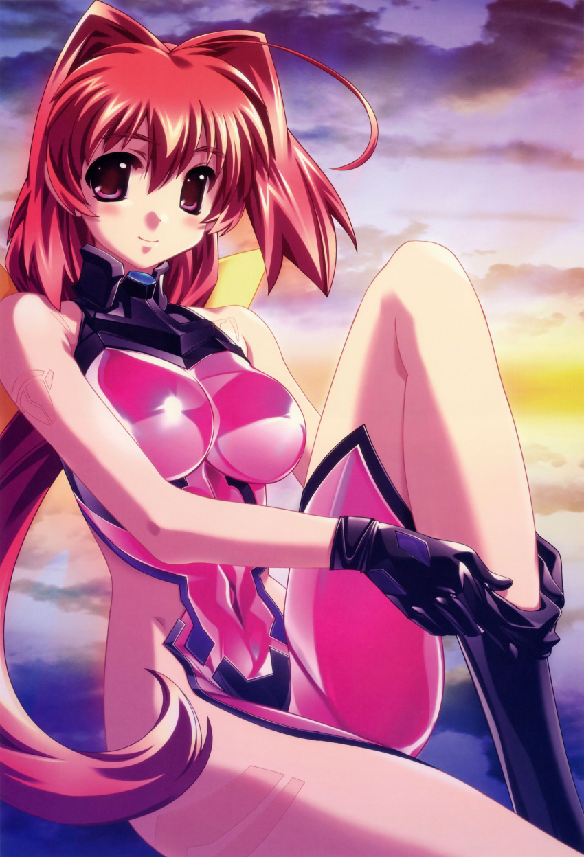 1girl absurdres ahoge bare_shoulders blush bodysuit bodysuit_pull bou bow breasts closed_mouth clouds covered_navel gloves hair_bow hair_intakes highres kagami_sumika knee_up large_breasts long_hair looking_at_viewer low_ponytail muvluv muvluv_alternative official_art outdoors pilot_suit pink_bodysuit ponytail red_eyes redhead scan shiny shiny_clothes shiny_hair sitting skin_tight sky sleeveless smile solo sunset tattoo undressing very_long_hair