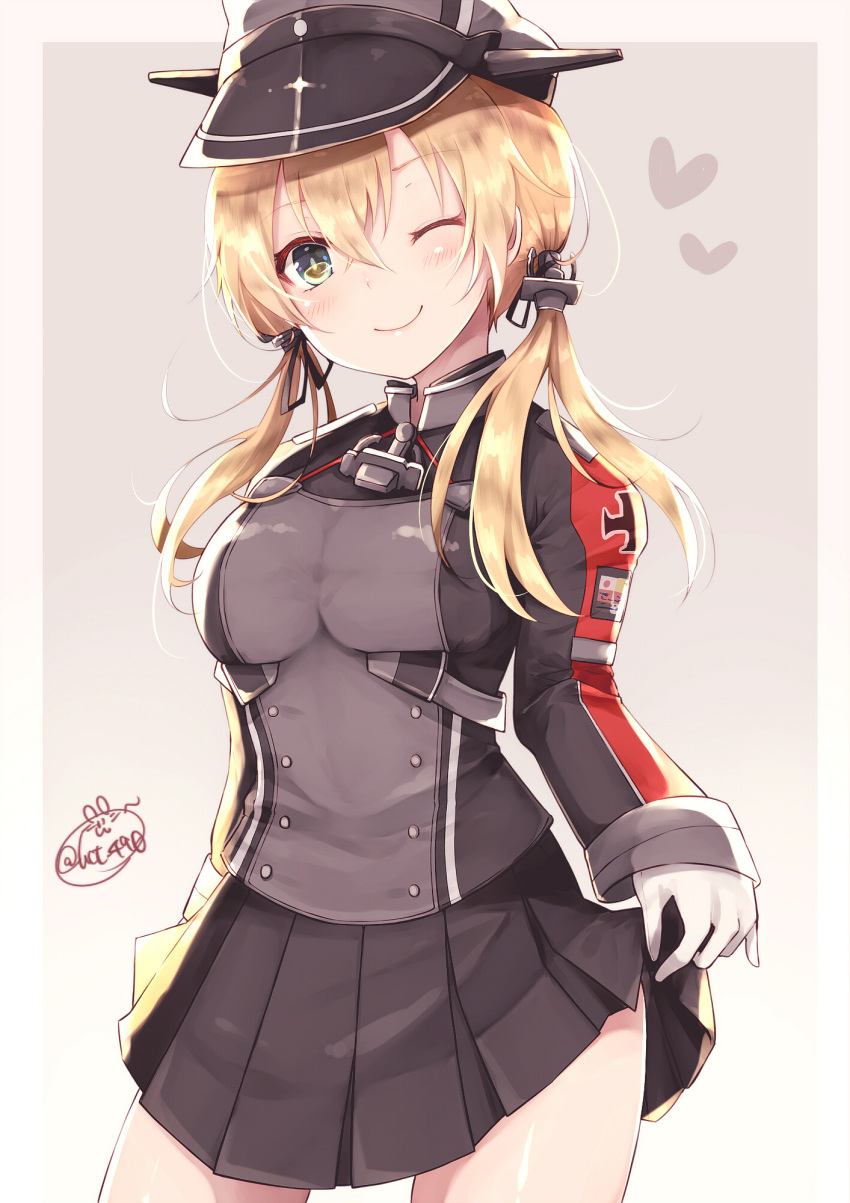 1girl ;) anchor_hair_ornament blonde_hair blue_eyes breasts chita_(ketchup) cowboy_shot gloves gradient gradient_background hair_between_eyes hair_ornament hat heart highres iron_cross kantai_collection long_hair long_sleeves medium_breasts military military_uniform one_eye_closed peaked_cap pleated_skirt prinz_eugen_(kantai_collection) signature skirt smile solo twintails twitter_username uniform white_gloves
