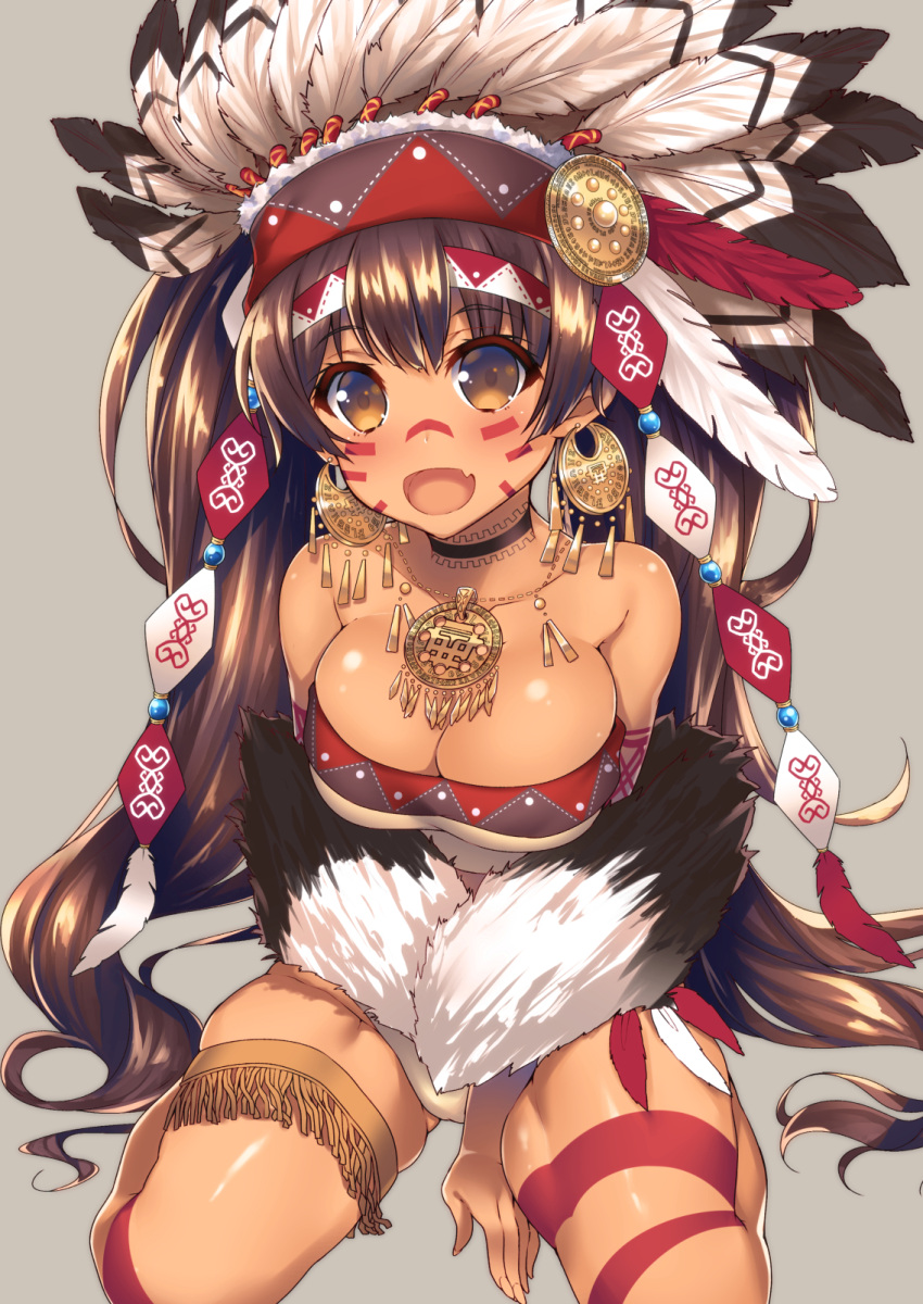 1girl :d bare_shoulders blush breasts brown_eyes brown_hair cleavage dark_skin earrings fang feathers gluteal_fold headband headdress highres jewelry large_breasts long_hair looking_at_viewer native_american native_american_headdress open_mouth original raiou simple_background smile solo tattoo tribal_tattoo