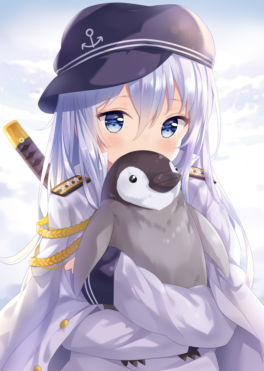 1girl aiguillette bird blue_eyes blush commentary covering_mouth epaulettes flat_cap hat hibiki_(kantai_collection) highres hitsukuya hug kantai_collection katana long_hair looking_at_viewer military military_uniform penguin silver_hair solo sword uniform weapon