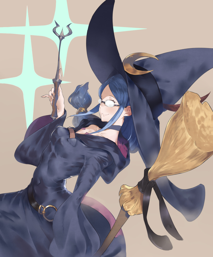 1girl belt black_hat blue_hair broom brown_background choker collarbone covered_navel cowboy_shot crescent dutch_angle eyelashes feathers fingernails from_side glasses hair_ornament hat hat_feather hat_ribbon highres holding holding_wand hood hood_down little_witch_academia long_hair long_sleeves looking_at_viewer o-ring opaque_glasses pinky_out ribbon rimless_glasses robe simple_background skin_tight smile solo tokopi ursula_(little_witch_academia) wand wide_sleeves witch witch_hat