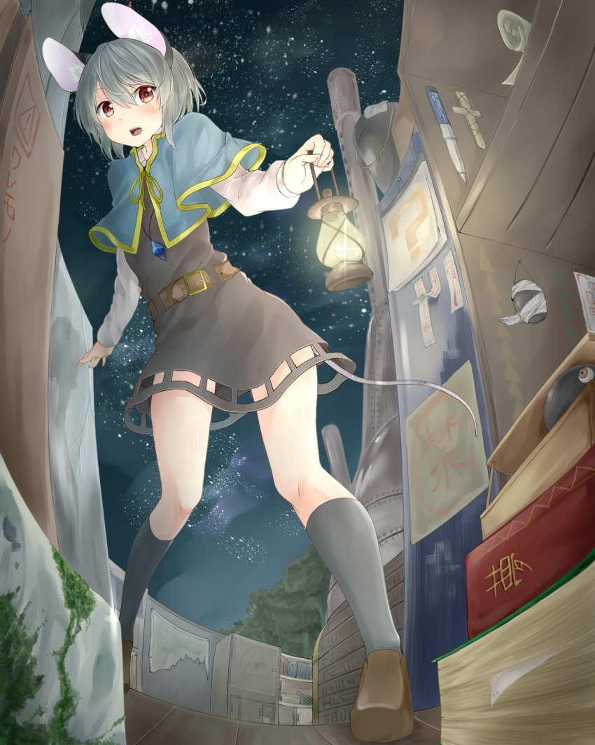 1girl animal_ears bangs blush book_stack brown_eyes brown_shoes capelet dress from_below full_body grey_dress grey_hair grey_legwear hair_between_eyes highres lantern long_sleeves looking_at_viewer looking_down mouse_ears mouse_tail nazrin netamaru night night_sky open_mouth perspective shelf shoes short_hair sky socks solo standing star_(sky) starry_sky tail touhou