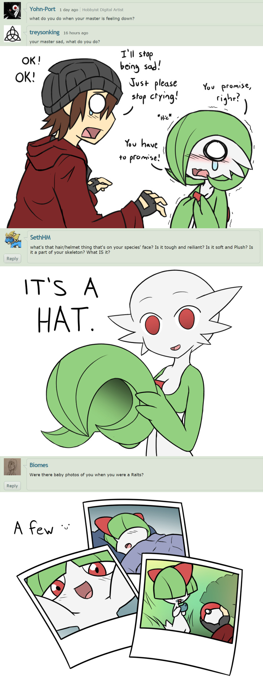 absurdres airalin_(mark_folks) choker comic english gardevoir highres long_image mark_folks o_o open_mouth pokemon pokemon_(creature) ralts red_eyes simple_background smile tall_image white_background