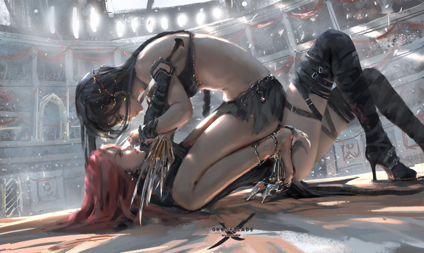 2girls arena black_hair blue_eyes boots breasts claws ghostblade high_heels long_hair lying midriff multiple_girls on_back red_eyes redhead sitting sitting_on_person thigh-highs thigh_boots wlop