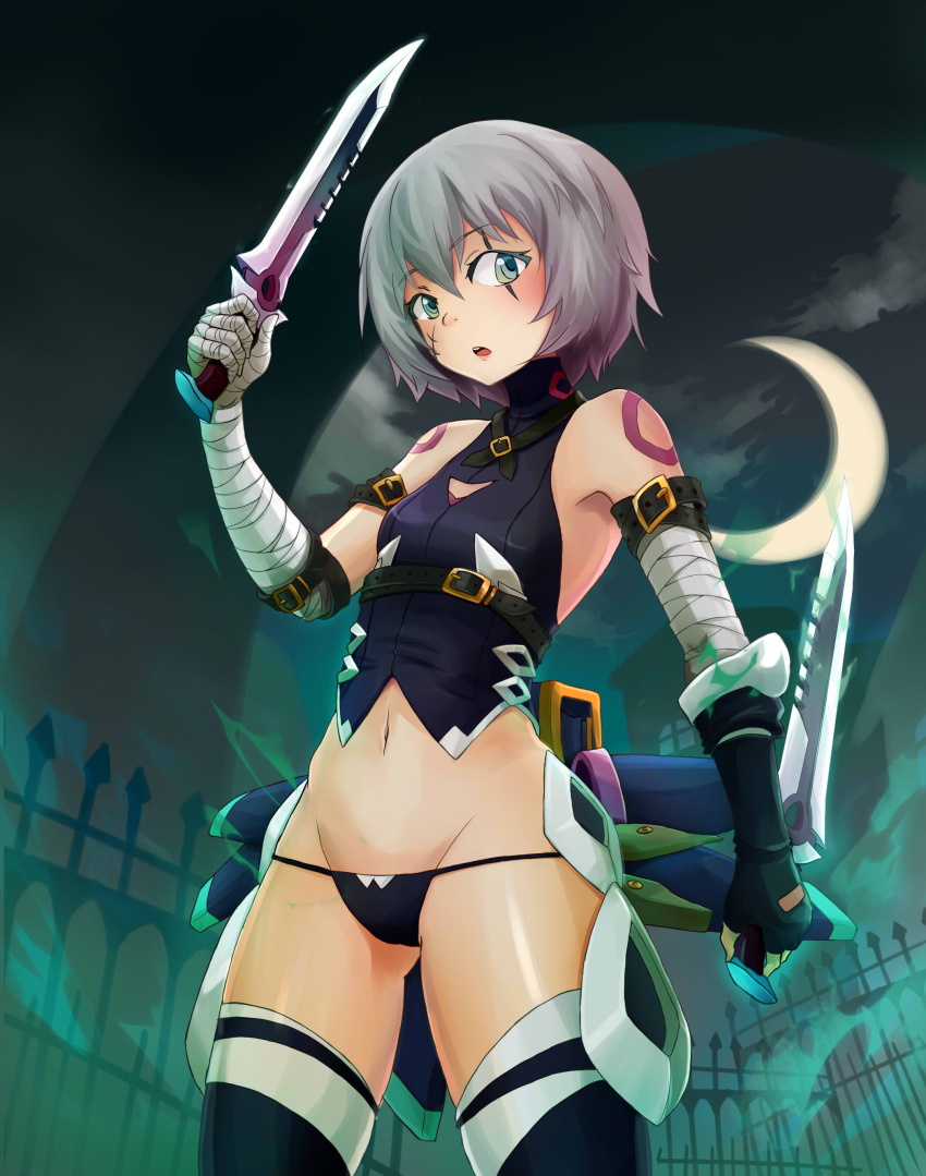 absurdres assassin_of_black bandage bare_shoulders black_panties breasts dual_wielding fate/apocrypha fate/grand_order fate_(series) fingerless_gloves from_below gloves gluteal_fold grey_hair groin highres knife looking_at_viewer midriff navel okamin panties scar scar_across_eye scar_on_cheek short_hair small_breasts solo tattoo thigh-highs thighs underwear