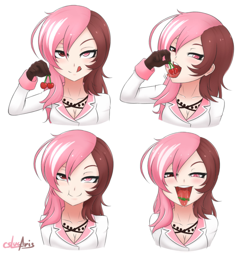 :d breasts brown_eyes brown_hair cherry cherry_knot cleavage coat collarbone cslucaris eating face food fruit gloves half-closed_eyes heterochromia highres jewelry licking licking_lips long_hair long_sleeves looking_at_viewer multicolored_hair naughty_face necklace neo_(rwby) open_mouth pink_eyes pink_hair rwby saliva saliva_trail simple_background smile teeth tongue tongue_out two-tone_hair upper_body white_background
