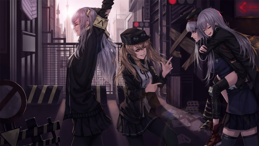 4girls ;) armband bangs black_legwear black_skirt cowboy_shot from_side g11_(girls_frontline) girls_frontline hair_ornament hat hk416_(girls_frontline) jacket long_hair long_sleeves looking_at_another miniskirt multiple_girls one_eye_closed open_clothes open_jacket pantyhose parted_lips piggyback pleated_skirt profile red-d school_uniform skirt sleeveless smile stretch sunlight thigh-highs ump45_(girls_frontline) ump9_(girls_frontline)