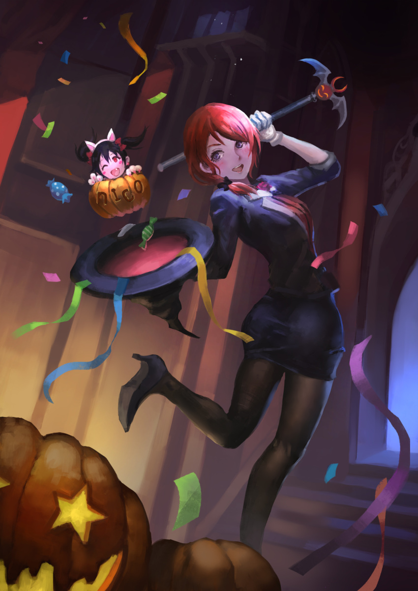 2girls ;d black_hair black_legwear blush candy character_name confetti fang food gloves halloween hat highres hort_hair jack-o'-lantern love_live! love_live!_school_idol_project multiple_girls nishikino_maki one_eye_closed open_mouth pantyhose pencil_skirt red_eyes redhead short_twintails skirt smile twintails violet_eyes winghost witch_hat yazawa_nico