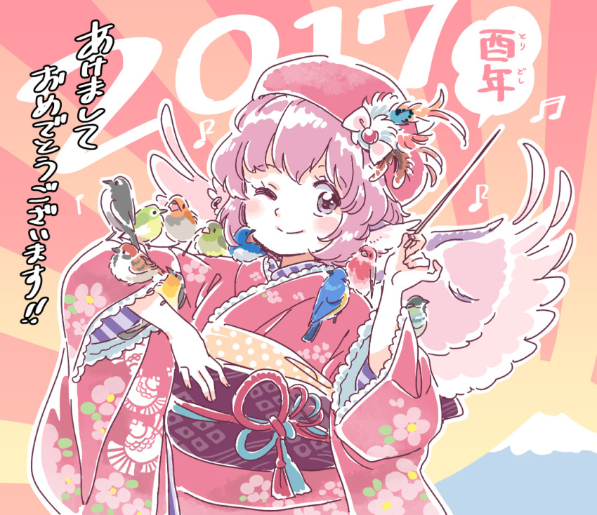 1girl 2017 ;) alternate_costume animal_ears baton_(instrument) bird commentary_request hat japanese_clothes looking_at_viewer mitsumoto_jouji musical_note mystia_lorelei new_year obi one_eye_closed purple_hair sash short_hair smile solo touhou translated violet_eyes wings