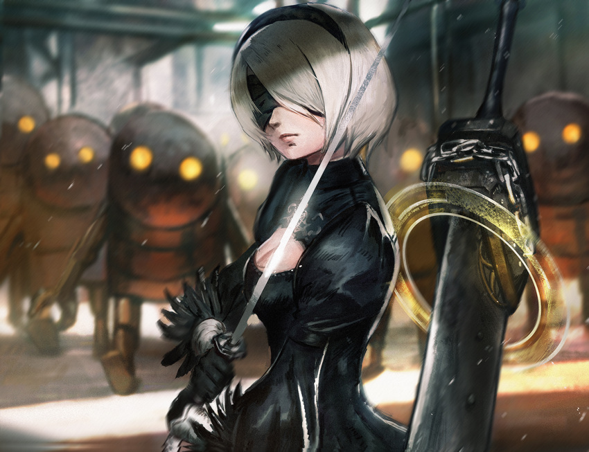 1girl black_dress black_gloves black_hairband black_legwear blindfold breasts chains cleavage cleavage_cutout closed_mouth covered_eyes dress gloves greatsword hair_over_one_eye hairband holding holding_sword holding_weapon huge_weapon juliet_sleeves katana lips long_sleeves medium_breasts nier_(series) nier_automata pink_lips puffy_sleeves robot short_hair silver_hair solo sword timothy_kong turtleneck unsheathed upper_body vambraces weapon weapon_on_back yorha_no._2_type_b yorha_unit_no._2_type_b