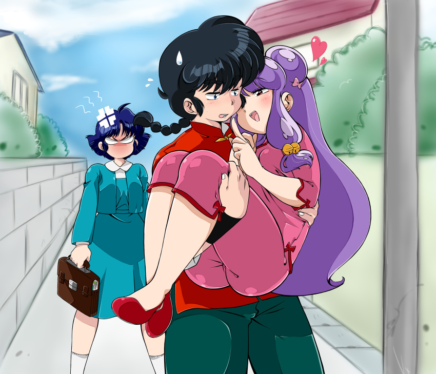 1boy 2girls absurdres anger_vein ass bag black_hair blank_eyes blue_hair bracer braid carrying chinese_clothes commentary_request hair_ornament heart hetero highres jealous jealousy long_hair multiple_girls no_mouth open_mouth outdoors pink_clothes princess_carry purple_hair ranma_1/2 red_shirt saotome_ranma school_bag school_uniform shampoo_(ranma_1/2) shirt short_hair single_braid slippers smile suzusato_rinka sweatdrop tangzhuang telephone_pole tendou_akane