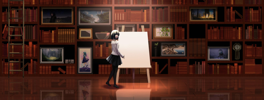 1girl black_hair book canvas_(object) frame highres ladder library original painting pantyhose rur_(ml_ruru) skirt