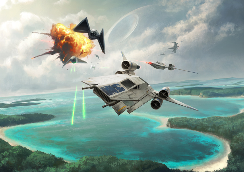 aerial_battle battle beach death_star dogfight energy_beam energy_cannon explosion flying forest nature realistic rogue_one:_a_star_wars_story scarif science_fiction space_craft space_station spoilers star_wars starfighter tie_fighter tie_striker u-wing water wraithdt x-wing