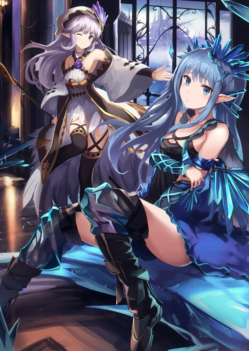 2girls bangs bare_shoulders black_legwear blue_eyes blue_hair blunt_bangs blurry breasts castle crystal depth_of_field detached_sleeves dress erin_(granblue_fantasy) eruthika eyebrows_visible_through_hair granblue_fantasy hair_ornament highres indoors lavender_hair lily_(granblue_fantasy) long_hair looking_at_viewer multiple_girls one_eye_closed outstretched_arm pointy_ears short_dress sidelocks sitting small_breasts smile staff standing standing_on_one_leg thigh-highs thighs white_dress wide_sleeves worried