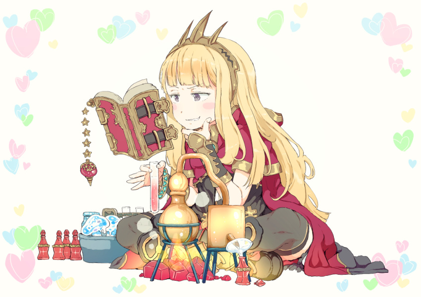 alchemy bangs blonde_hair blunt_bangs blush_stickers book boots bracelet brown_eyes cagliostro_(granblue_fantasy) cape coal commentary_request crown fire floating_object funnel gomennasai granblue_fantasy grin hand_on_own_chin heart indian_style jewelry long_hair mushroom potion reading red_cape short_sleeves sitting slimy smile solo star test_tube test_tube_rack thigh-highs vial white_background wrist_guards