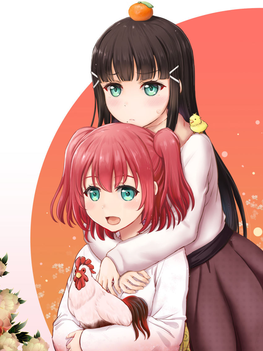 2girls animal animal_on_shoulder aqua_eyes bird bird_on_shoulder black_hair chick chicken food food_on_head fruit fruit_on_head hair_ornament hairclip highres holding holding_animal hug hug_from_behind inanaki_shiki kurosawa_dia kurosawa_ruby long_hair long_sleeves love_live! love_live!_sunshine!! mandarin_orange mole mole_under_mouth multiple_girls new_year object_on_head open_mouth redhead rooster scarf siblings sisters two_side_up year_of_the_rooster