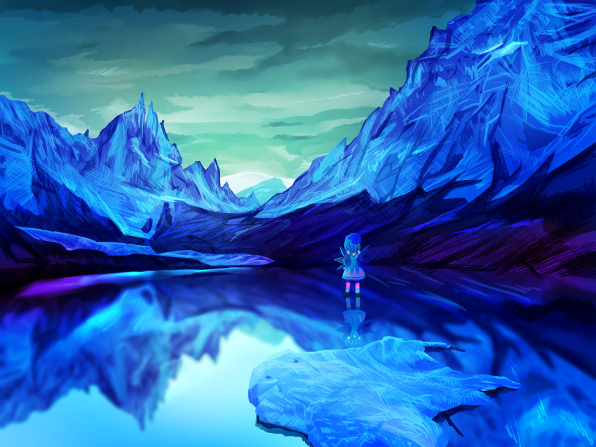 1girl absurdres blue blue_hair blue_shoes bow cirno clouds cloudy_sky from_behind frozen_lake hair_bow hands_on_hips highres ice ice_wings looking_afar morning mountain reflection scenery shoes short_hair sky solo standing sunrise suns_(nemure) tennuru touhou white_legwear wings