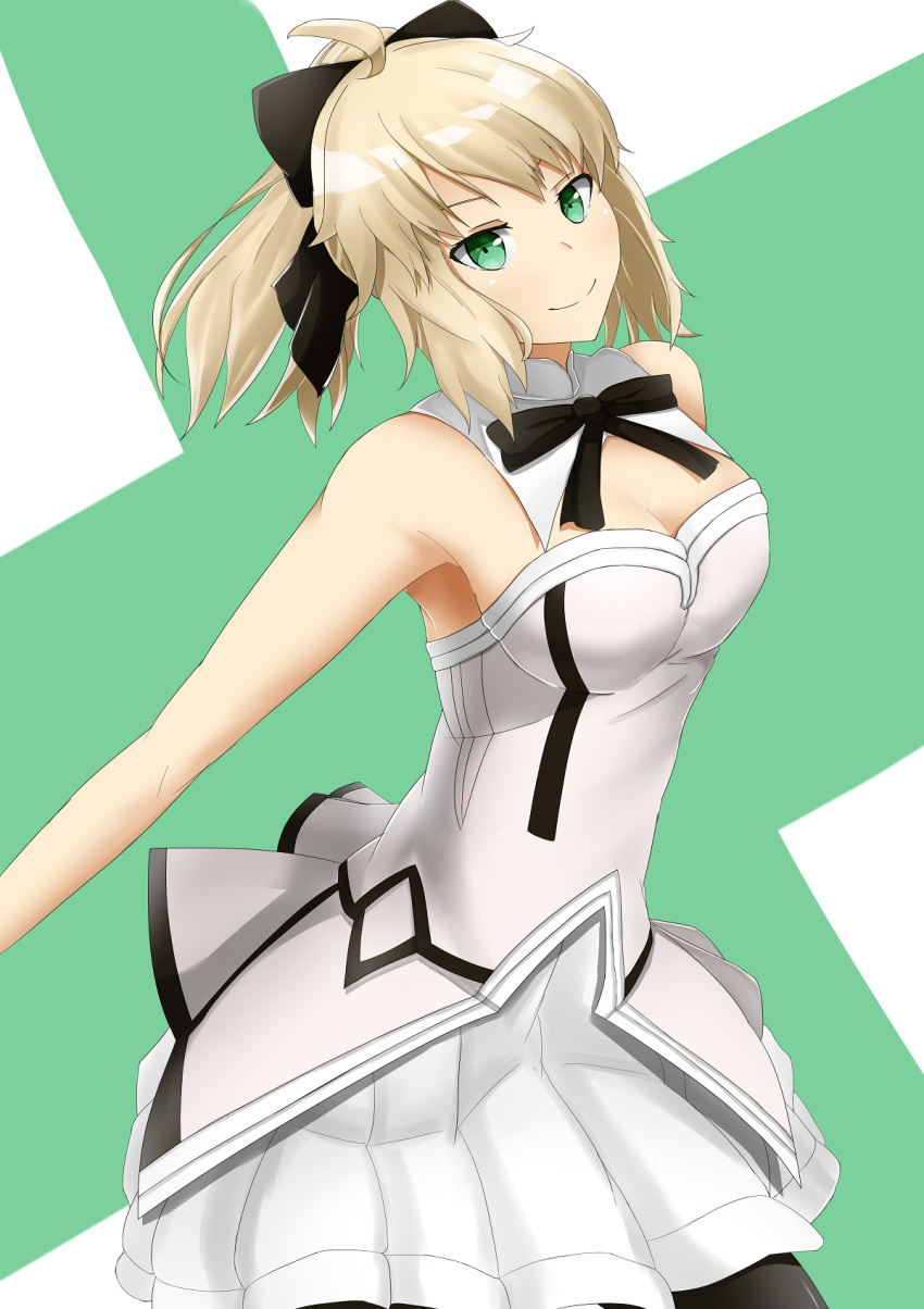 1girl ahoge armpits artoria_pendragon_(all) bare_shoulders blonde_hair breasts detached_collar fate/grand_order fate/unlimited_codes fate_(series) green_eyes highres looking_at_viewer medium_breasts nanomaru pantyhose ponytail saber saber_lily smile solo