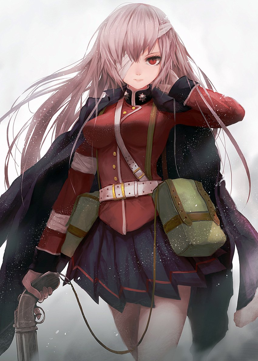 1girl bandage_over_one_eye bangs belt belt_pouch black_skirt breasts closed_mouth cowboy_shot fate/grand_order fate_(series) florence_nightingale_(fate/grand_order) gloves gun handgun highres holding holding_gun holding_weapon jacket_on_shoulders long_hair long_sleeves looking_at_viewer medium_breasts military military_uniform pistol pleated_skirt red_eyes silver_hair skirt solo uniform weapon white_gloves zen_o